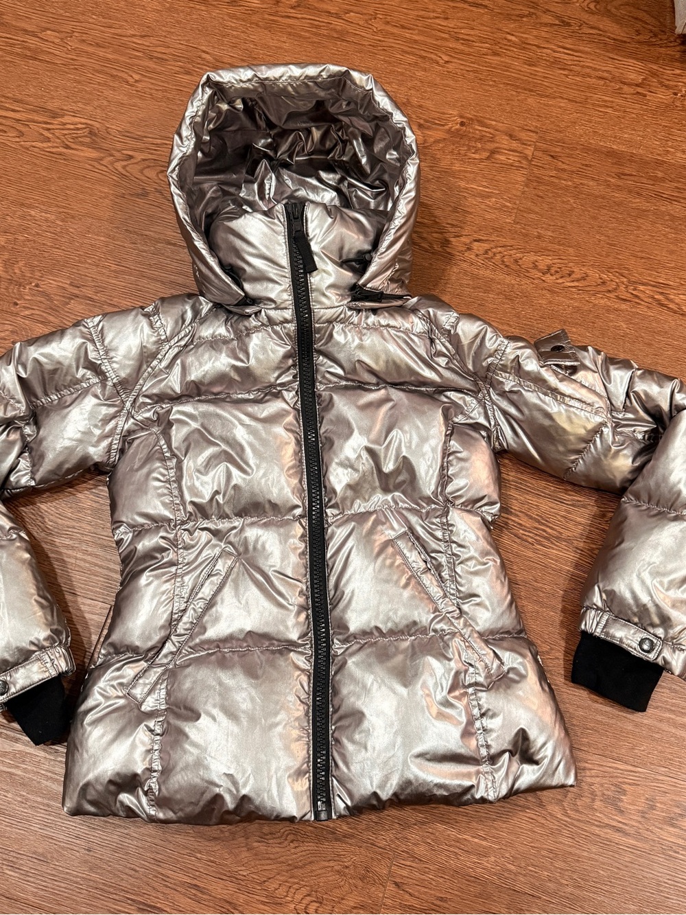 Metallic Silver Hooded Puffer Ski Jacket